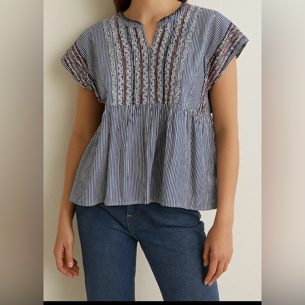 Hannah Boho Top Stripe‎ Embroidered Tunic Americana Coastalcore Size Medium